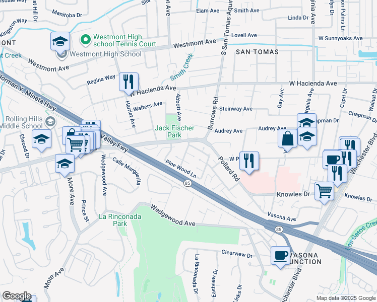 map of restaurants, bars, coffee shops, grocery stores, and more near 101 Peach Willow Court in Los Gatos