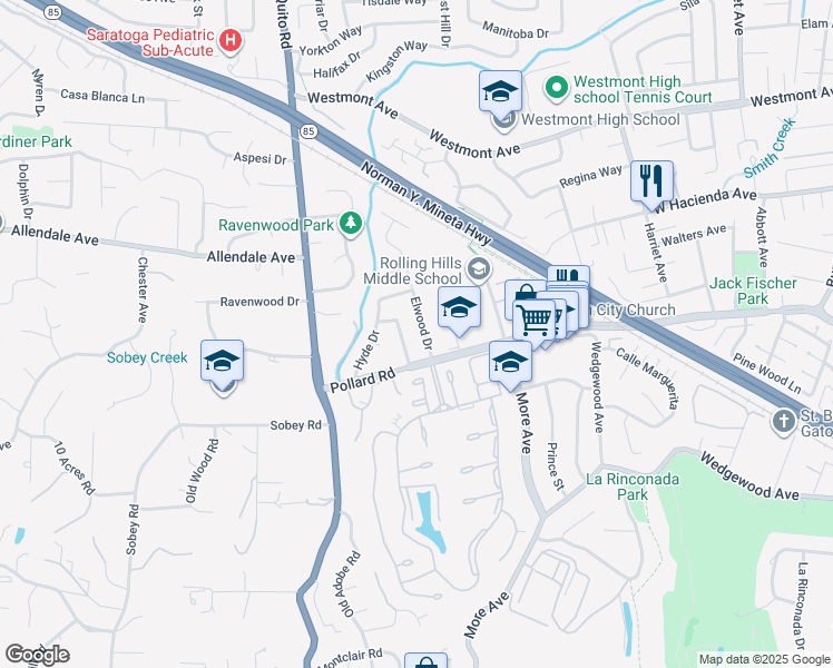 map of restaurants, bars, coffee shops, grocery stores, and more near 1661 Elwood Drive in Los Gatos