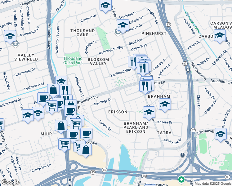 map of restaurants, bars, coffee shops, grocery stores, and more near 4621 Eagle Lake Drive in San Jose