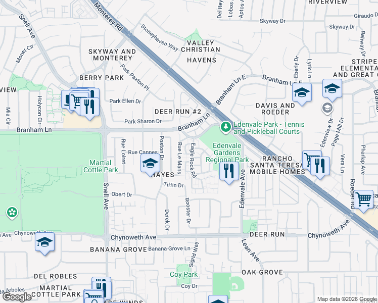map of restaurants, bars, coffee shops, grocery stores, and more near 4922 Pony Pass Circle in San Jose