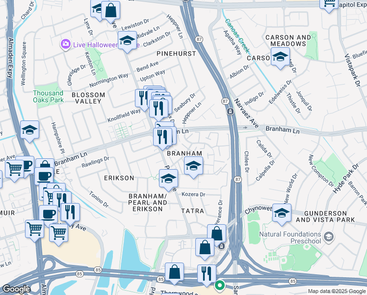 map of restaurants, bars, coffee shops, grocery stores, and more near 4614 Black River Court in San Jose