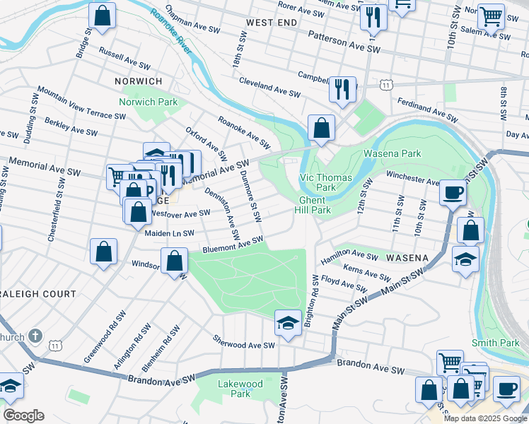 map of restaurants, bars, coffee shops, grocery stores, and more near 1537 Maiden Lane Southwest in Roanoke
