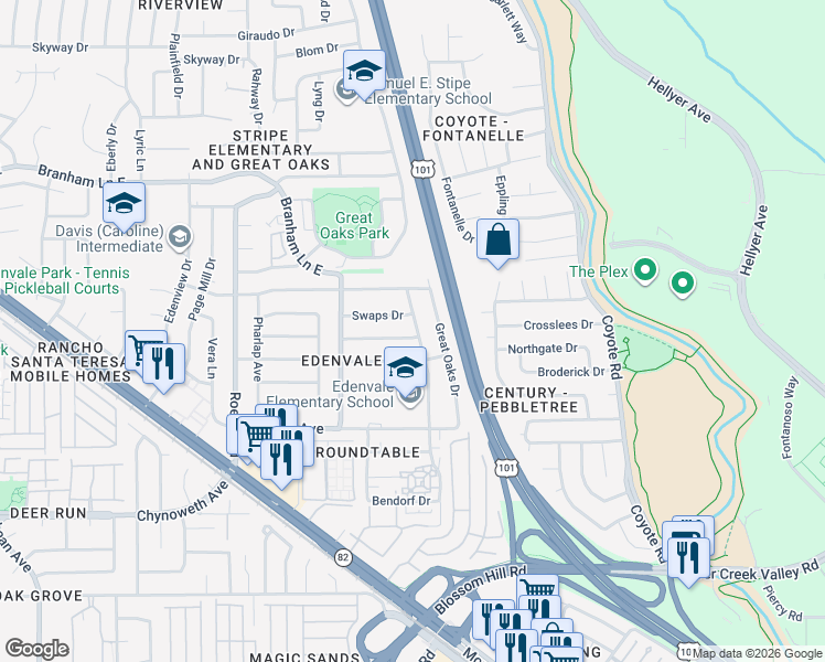 map of restaurants, bars, coffee shops, grocery stores, and more near 5245 Carryback Avenue in San Jose