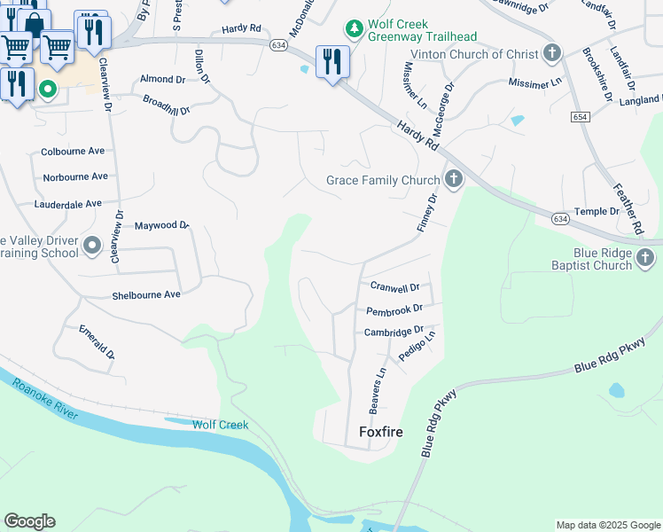 map of restaurants, bars, coffee shops, grocery stores, and more near 1446 Abbey Circle in Vinton