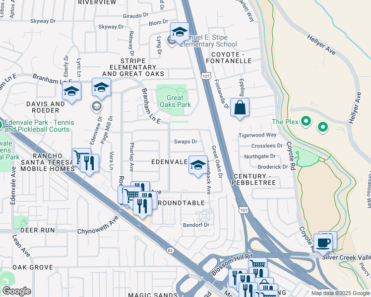 map of restaurants, bars, coffee shops, grocery stores, and more near 351 Indian Broom Drive in San Jose