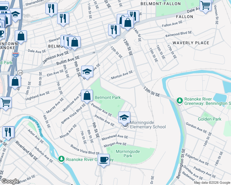 map of restaurants, bars, coffee shops, grocery stores, and more near 1320 Morningside St SE in Roanoke