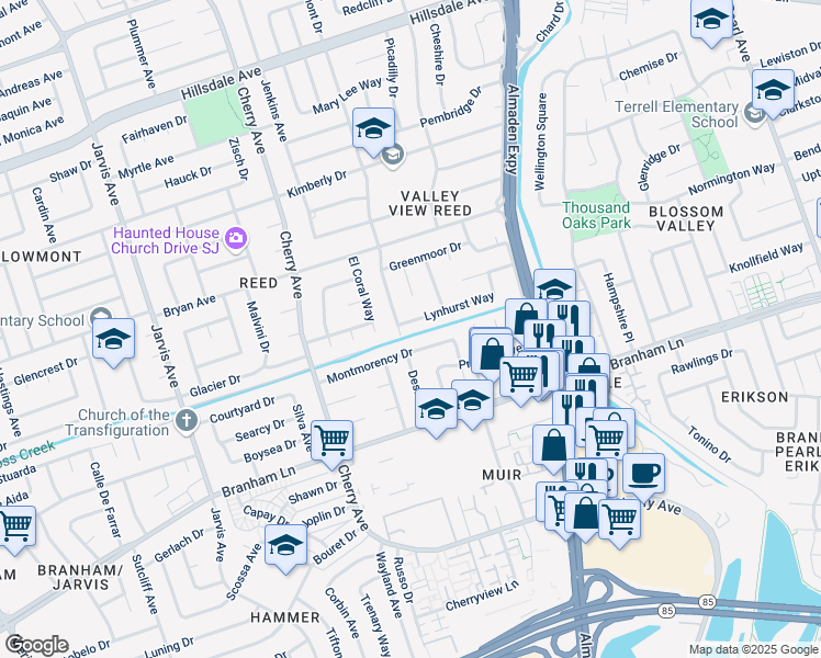 map of restaurants, bars, coffee shops, grocery stores, and more near 1278 Lynhurst Way in San Jose