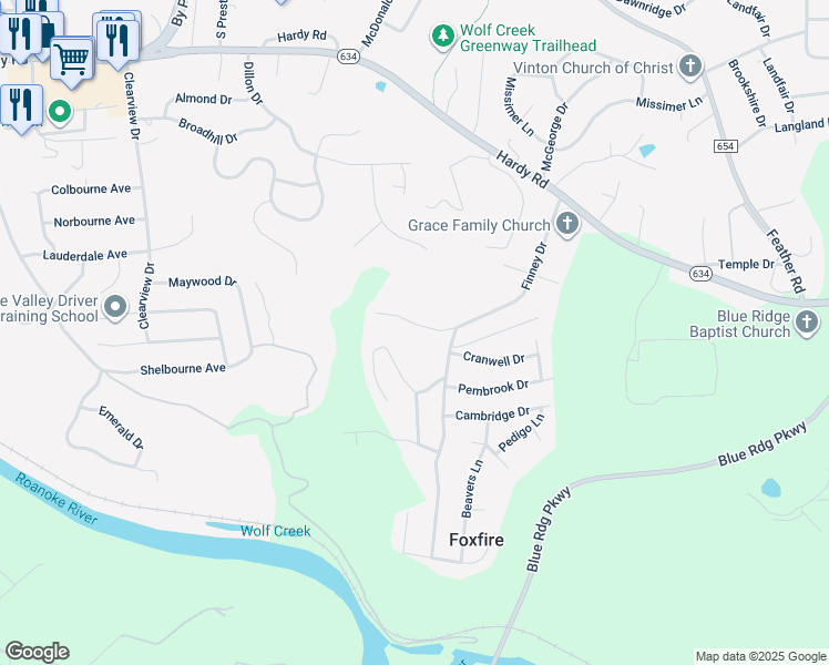 map of restaurants, bars, coffee shops, grocery stores, and more near 1446 Abbey Circle in Vinton