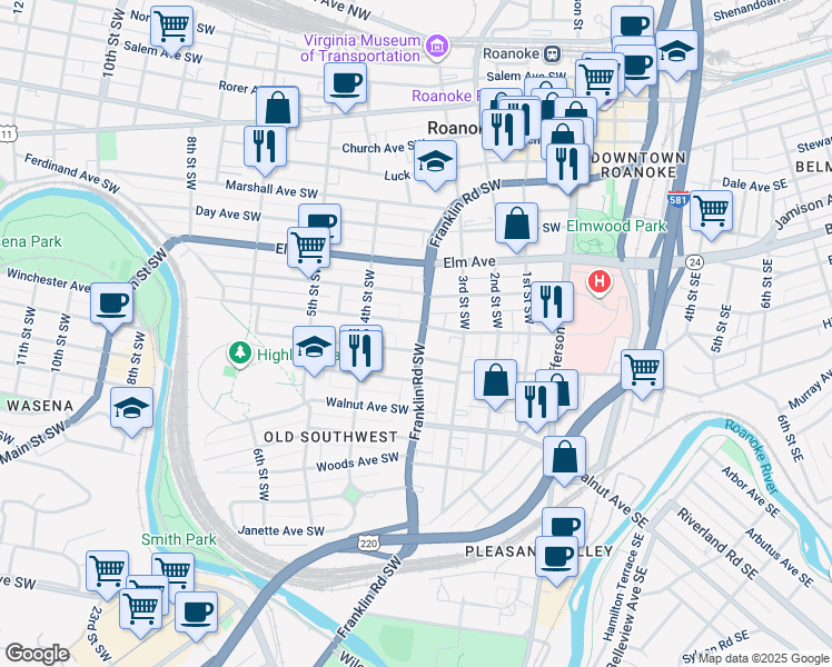 map of restaurants, bars, coffee shops, grocery stores, and more near 1001 Franklin Rd SW in Roanoke