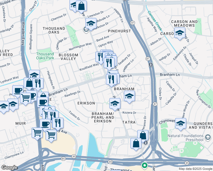 map of restaurants, bars, coffee shops, grocery stores, and more near 4729 La Crescent Loop in San Jose