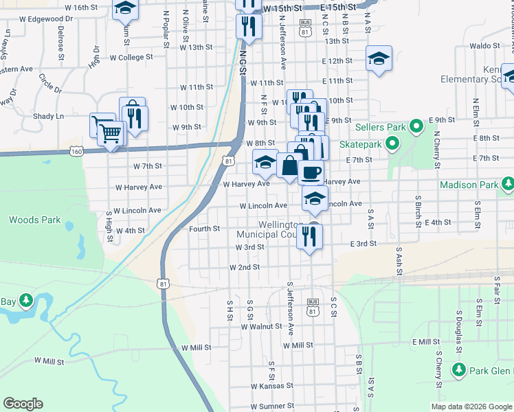 map of restaurants, bars, coffee shops, grocery stores, and more near 350 W Lincoln Ave in Wellington