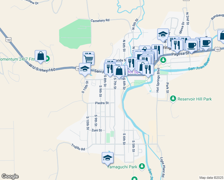 map of restaurants, bars, coffee shops, grocery stores, and more near 181 South 7th Street in Pagosa Springs
