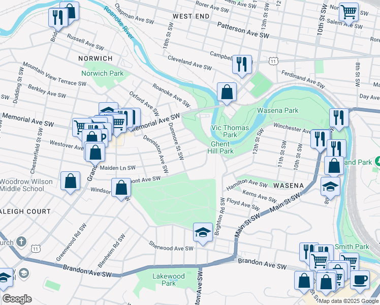 map of restaurants, bars, coffee shops, grocery stores, and more near 1537 Maiden Lane Southwest in Roanoke