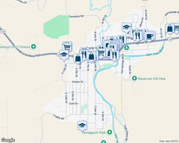 map of restaurants, bars, coffee shops, grocery stores, and more near 181 South 7th Street in Pagosa Springs