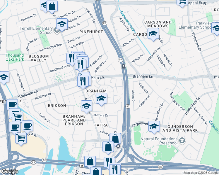 map of restaurants, bars, coffee shops, grocery stores, and more near 4620 Noyo River Court in San Jose