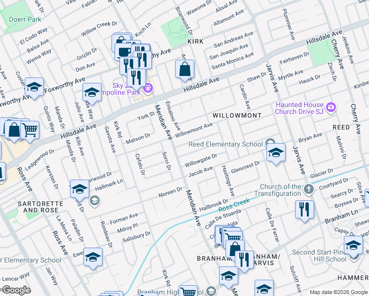 map of restaurants, bars, coffee shops, grocery stores, and more near 1604 Willowdale Drive in San Jose