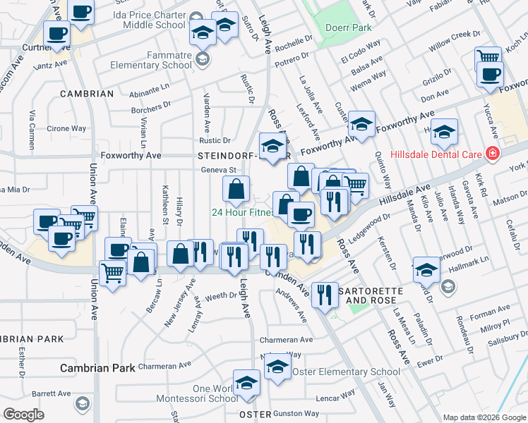 map of restaurants, bars, coffee shops, grocery stores, and more near 3272 Kimber Court in San Jose