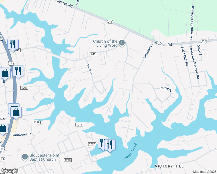 map of restaurants, bars, coffee shops, grocery stores, and more near 1844 Dockside Drive in Gloucester Point