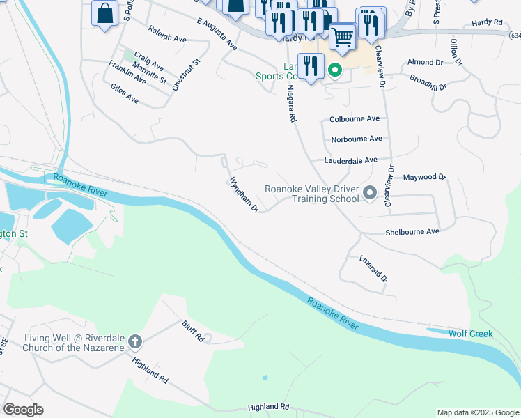 map of restaurants, bars, coffee shops, grocery stores, and more near 102 Cambridge Square in Vinton