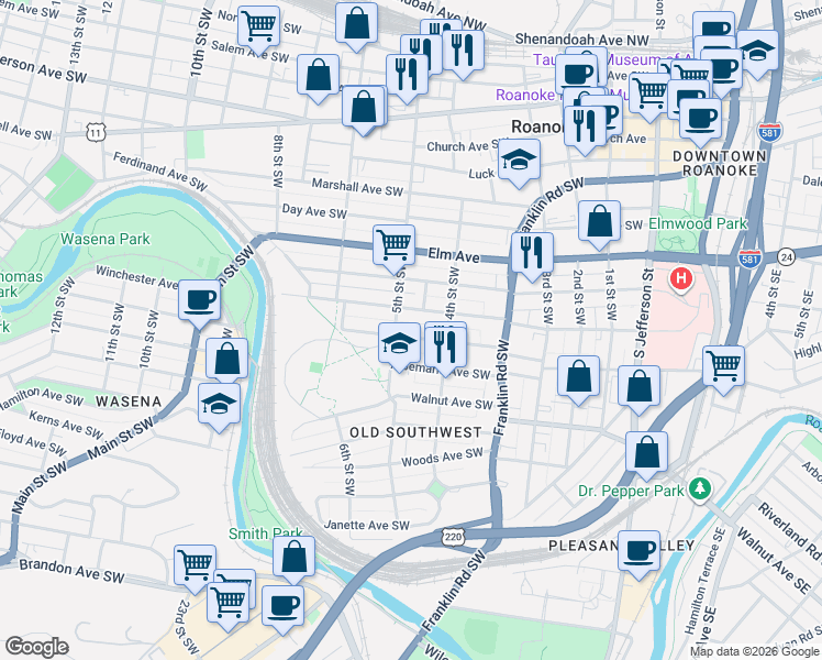 map of restaurants, bars, coffee shops, grocery stores, and more near 425 Washington Avenue Southwest in Roanoke