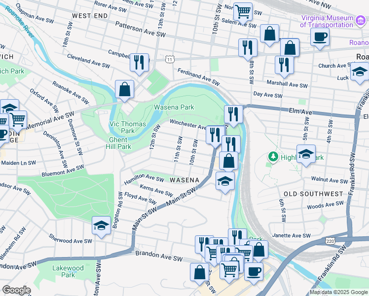 map of restaurants, bars, coffee shops, grocery stores, and more near 1019 Wasena Avenue Southwest in Roanoke