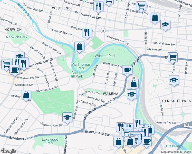 map of restaurants, bars, coffee shops, grocery stores, and more near 1138 Wasena Avenue Southwest in Roanoke