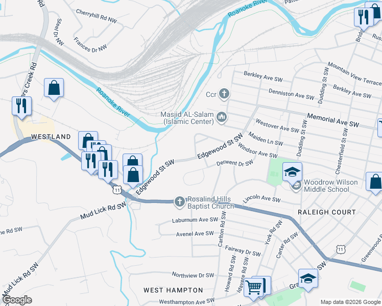 map of restaurants, bars, coffee shops, grocery stores, and more near 1802 Malvern Road Southwest in Roanoke