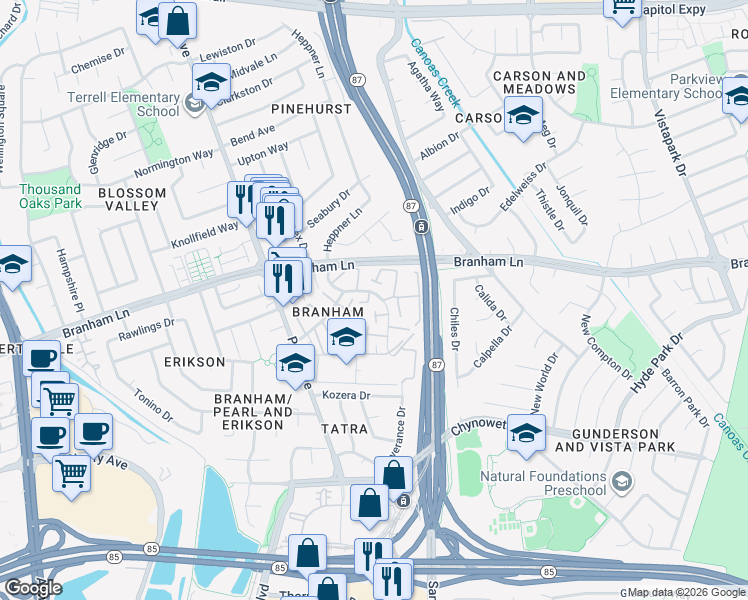 map of restaurants, bars, coffee shops, grocery stores, and more near 4618 Noyo River Court in San Jose