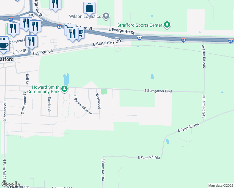 map of restaurants, bars, coffee shops, grocery stores, and more near 508 South Daisy Street in Strafford