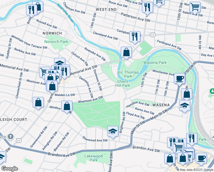map of restaurants, bars, coffee shops, grocery stores, and more near 1533 Maiden Lane Southwest in Roanoke