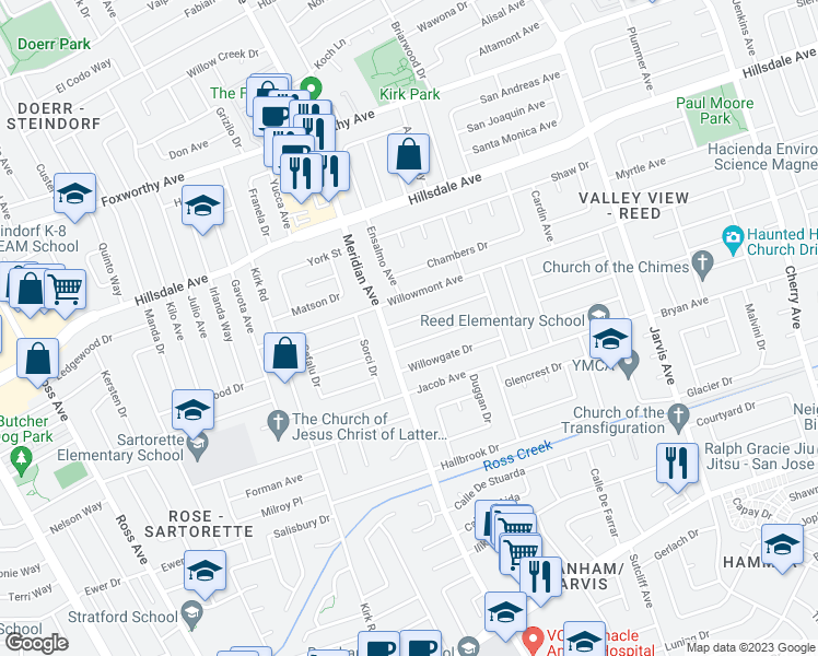 map of restaurants, bars, coffee shops, grocery stores, and more near 1604 Willowdale Drive in San Jose
