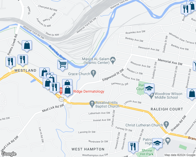 map of restaurants, bars, coffee shops, grocery stores, and more near 1808 Malvern Road Southwest in Roanoke