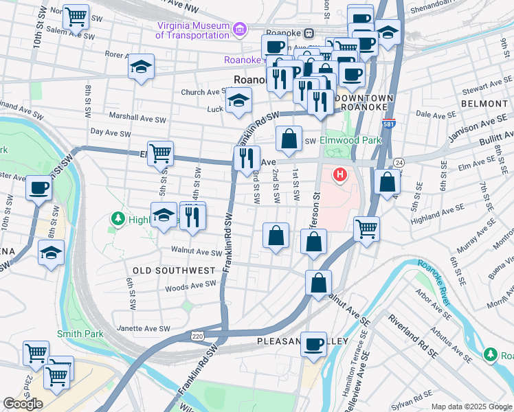 map of restaurants, bars, coffee shops, grocery stores, and more near 300 Highland Avenue Southwest in Roanoke