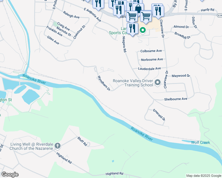 map of restaurants, bars, coffee shops, grocery stores, and more near 102 Cambridge Square in Vinton