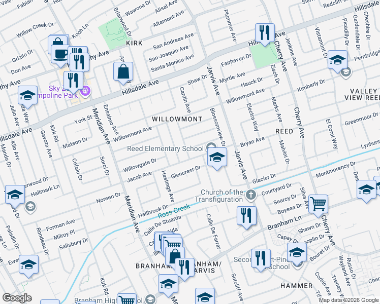 map of restaurants, bars, coffee shops, grocery stores, and more near 1544 Willowgate Drive in San Jose
