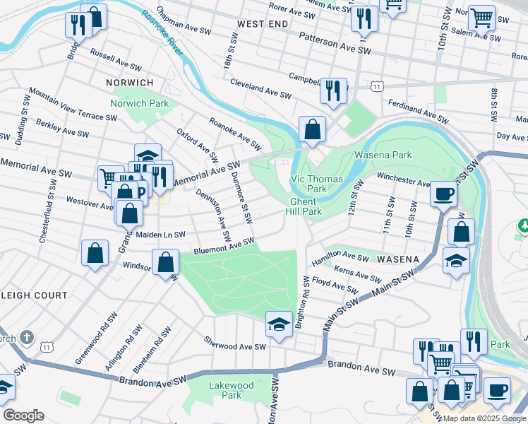 map of restaurants, bars, coffee shops, grocery stores, and more near 1533 Maiden Lane Southwest in Roanoke