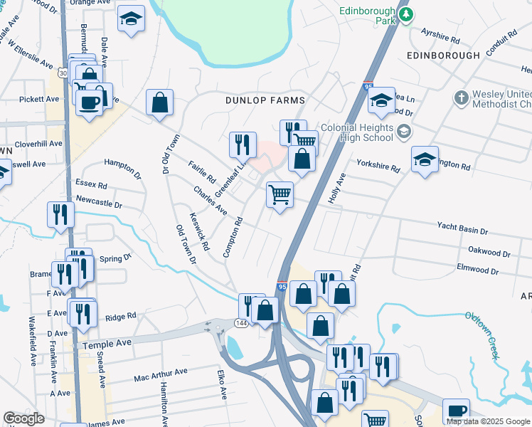map of restaurants, bars, coffee shops, grocery stores, and more near 2613 Bent Oaks Drive in Colonial Heights