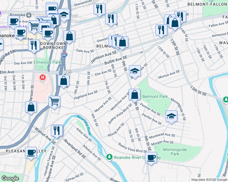 map of restaurants, bars, coffee shops, grocery stores, and more near 721 Murray Avenue Southeast in Roanoke