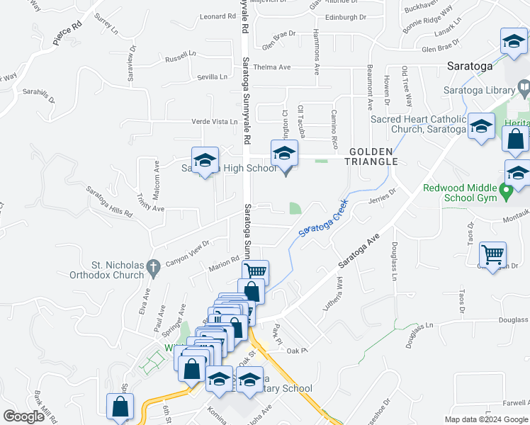 map of restaurants, bars, coffee shops, grocery stores, and more near 20442 Gerald Zappelli Court in Saratoga