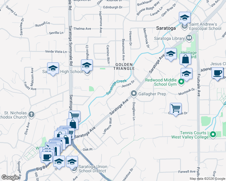 map of restaurants, bars, coffee shops, grocery stores, and more near 14041 Jerries Drive in Saratoga