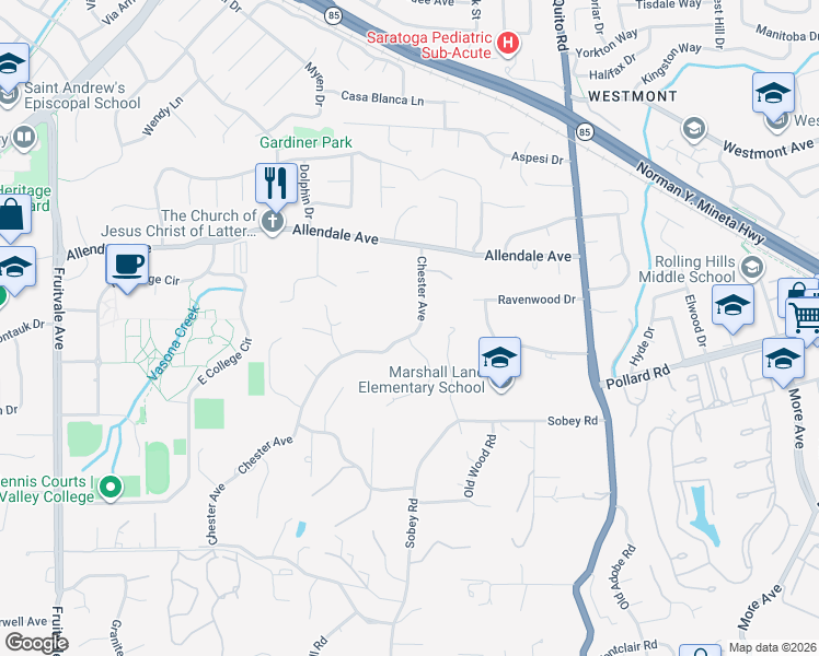 map of restaurants, bars, coffee shops, grocery stores, and more near 14001 Chester Avenue in Saratoga