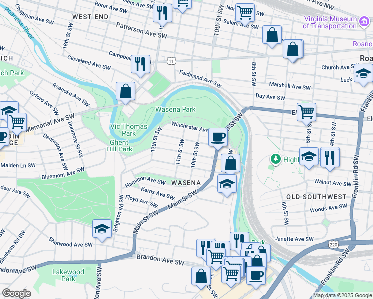 map of restaurants, bars, coffee shops, grocery stores, and more near 1019 Wasena Avenue Southwest in Roanoke