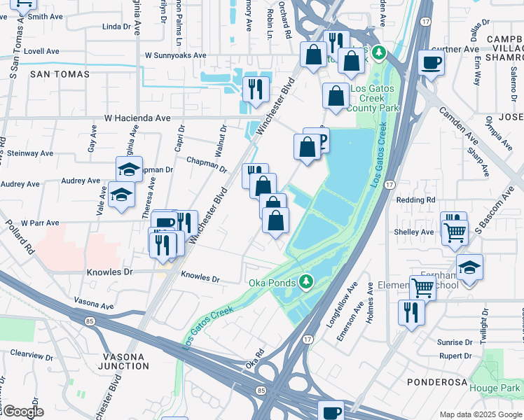 map of restaurants, bars, coffee shops, grocery stores, and more near 1510 Dell Ave in Campbell