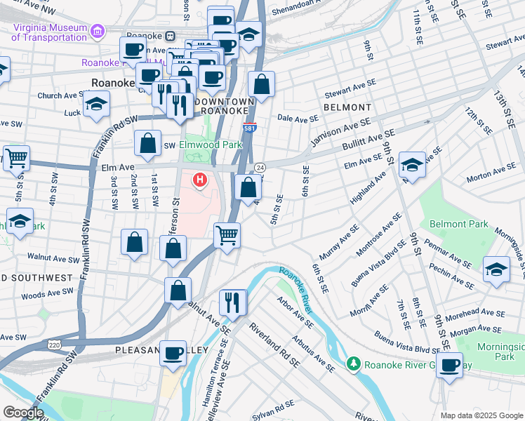 map of restaurants, bars, coffee shops, grocery stores, and more near 410 Jennings Avenue Southeast in Roanoke