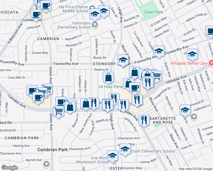 map of restaurants, bars, coffee shops, grocery stores, and more near 3274 Todd Way in San Jose