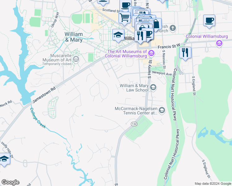 map of restaurants, bars, coffee shops, grocery stores, and more near 408 Idlewood Lane in Williamsburg