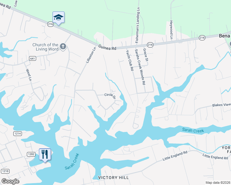 map of restaurants, bars, coffee shops, grocery stores, and more near 8422 Circle Drive in Gloucester Point