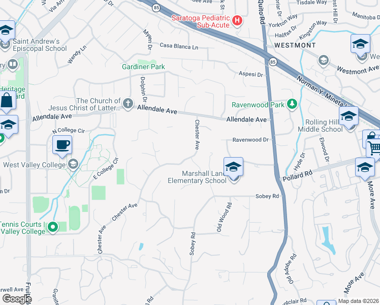 map of restaurants, bars, coffee shops, grocery stores, and more near 14001 Chester Avenue in Saratoga