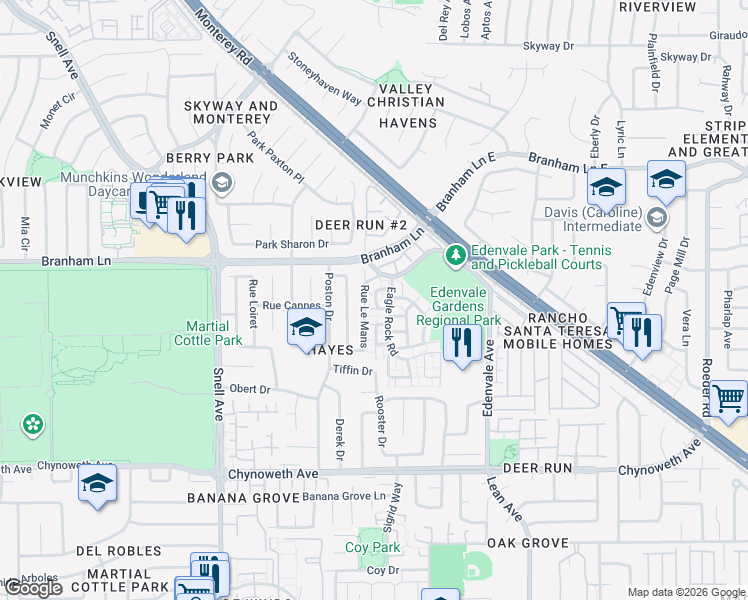 map of restaurants, bars, coffee shops, grocery stores, and more near 4914 Pony Pass Circle in San Jose