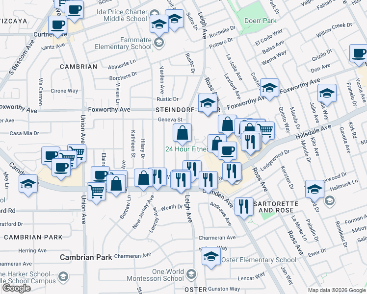 map of restaurants, bars, coffee shops, grocery stores, and more near 3275 Leigh Avenue in San Jose